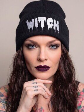 Witch ✦ Black Embroidered Beanie Hat ✦ Gothic Drip Lettering Winter Knit NWT OS